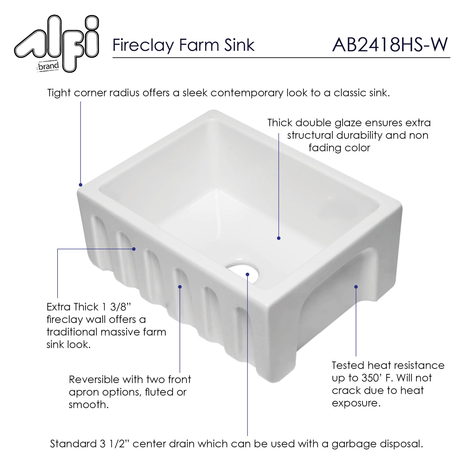ALFI brand AB2418HS-W 24 inch White Reversible Smooth / Fluted Single Bowl Fireclay Farm Sink
