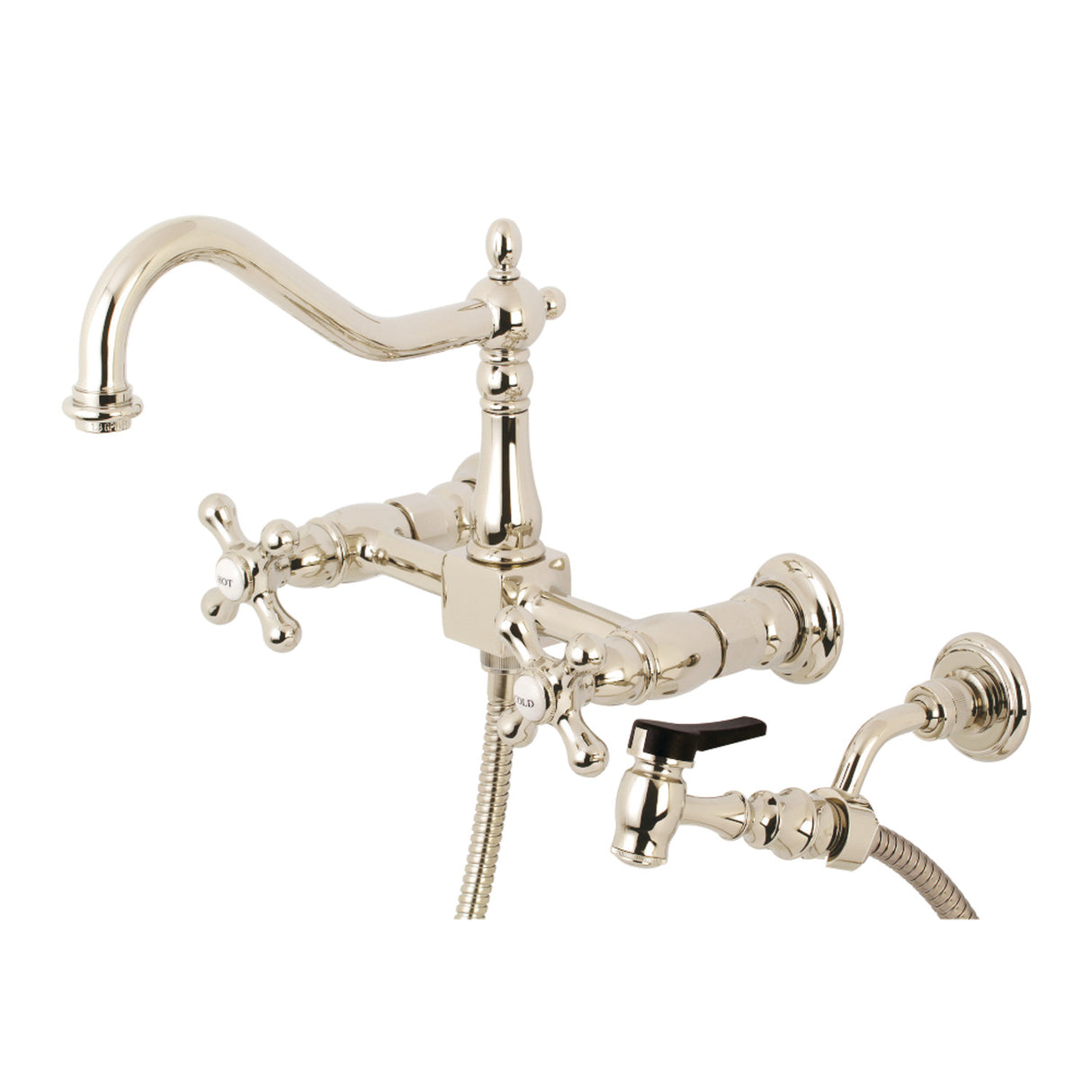 Kingston Brass KS1246AXBS Heritage Wall Mount Bridge Kitchen Faucet with Brass Spray, Polished Nickel