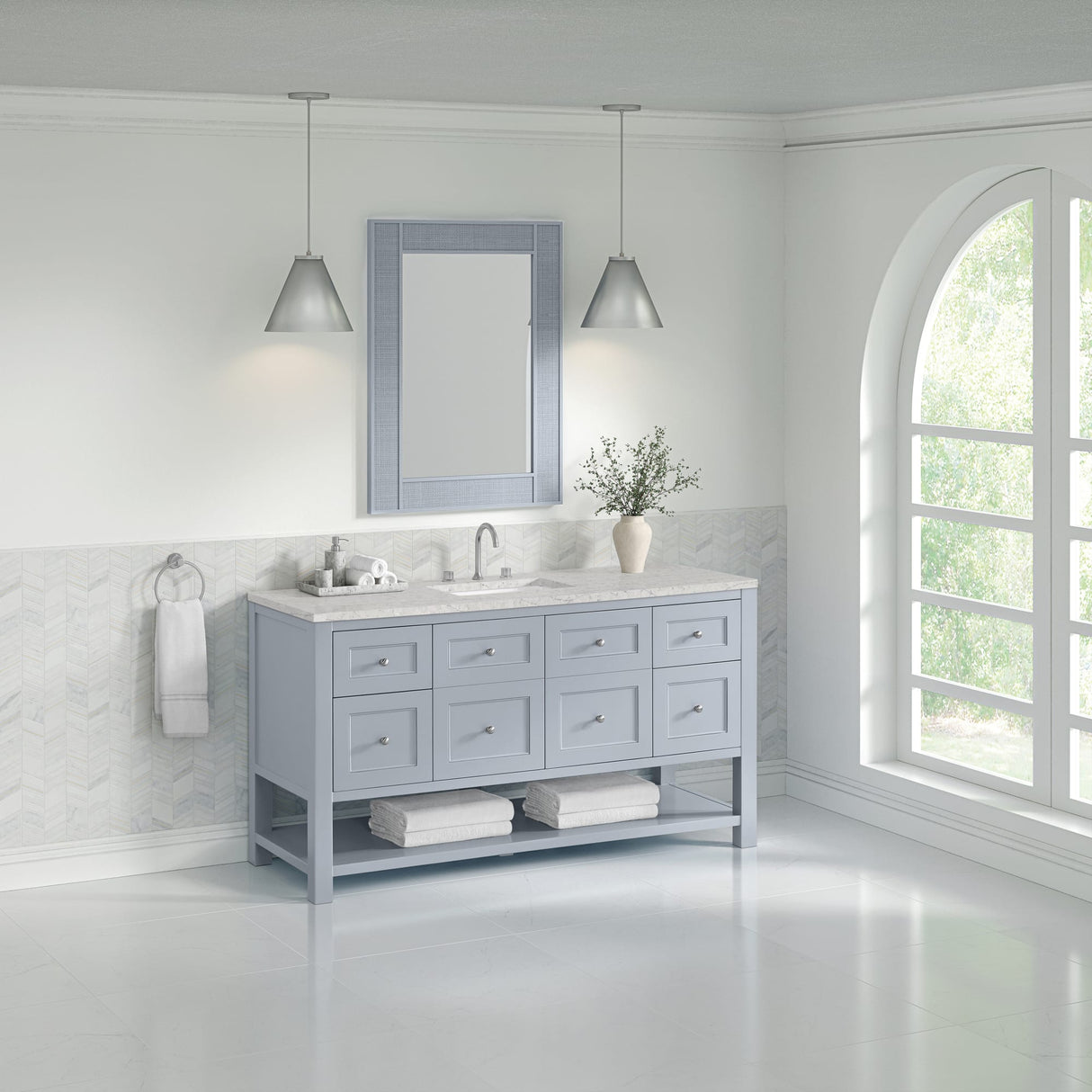 Breckenridge 60" Single Vanity, Serenity Blue, w/ 3 CM Eternal Jasmine Pearl Silestone Top w/ FreePower Wireless Charger