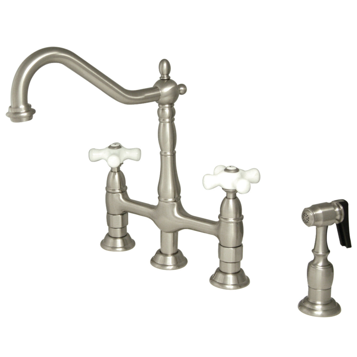 Kingston Brass KS1278PXBS Heritage Bridge Kitchen Faucet with Brass Sprayer, Brushed Nickel