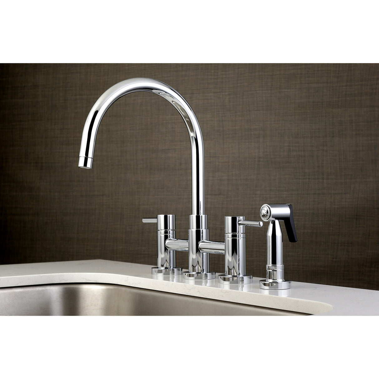 Kingston Brass KS8271DLBS Concord Bridge Kitchen Faucet with Brass Sprayer, Polished Chrome