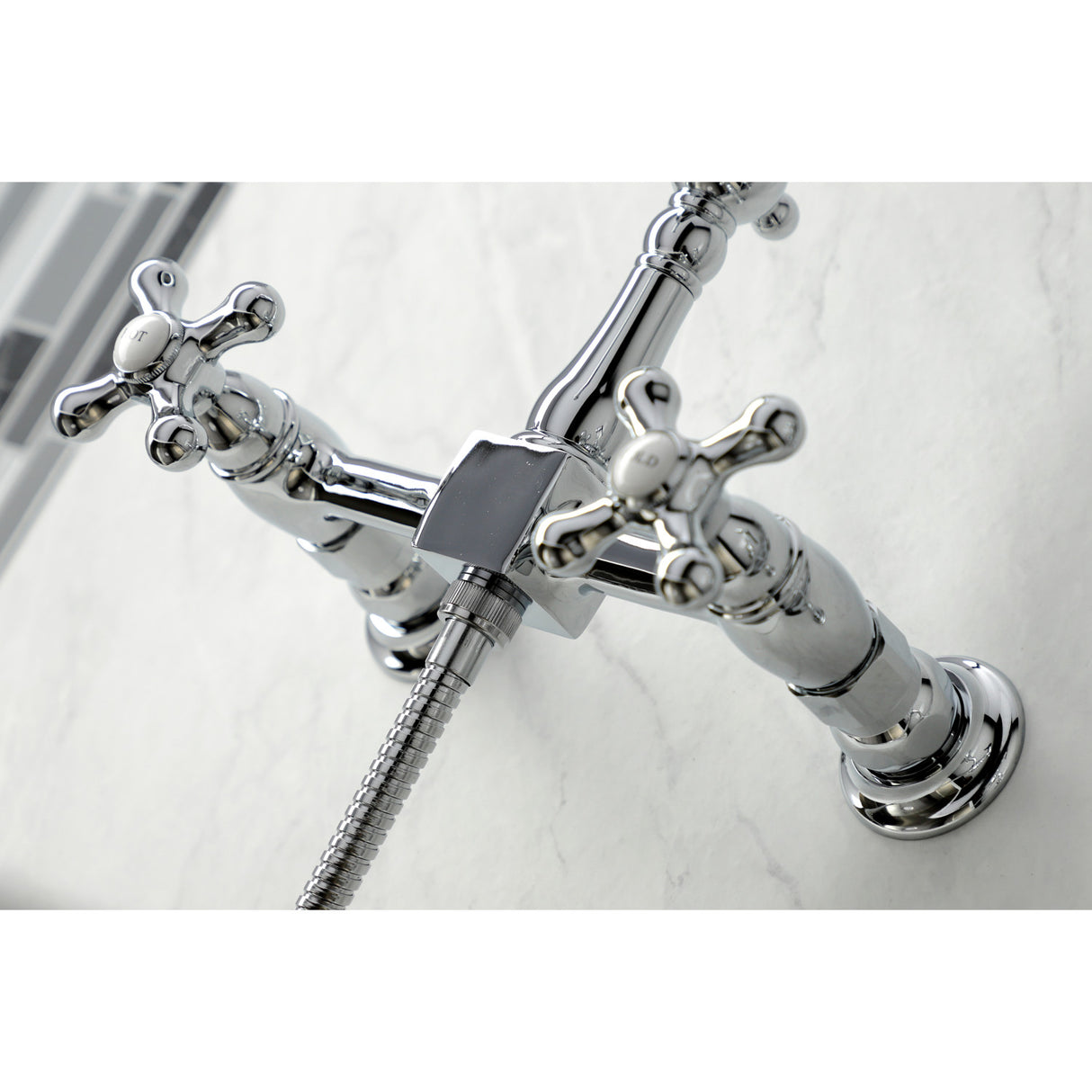 Kingston Brass KS1261AXBS Heritage Wall Mount Bridge Kitchen Faucet with Brass Sprayer, Polished Chrome