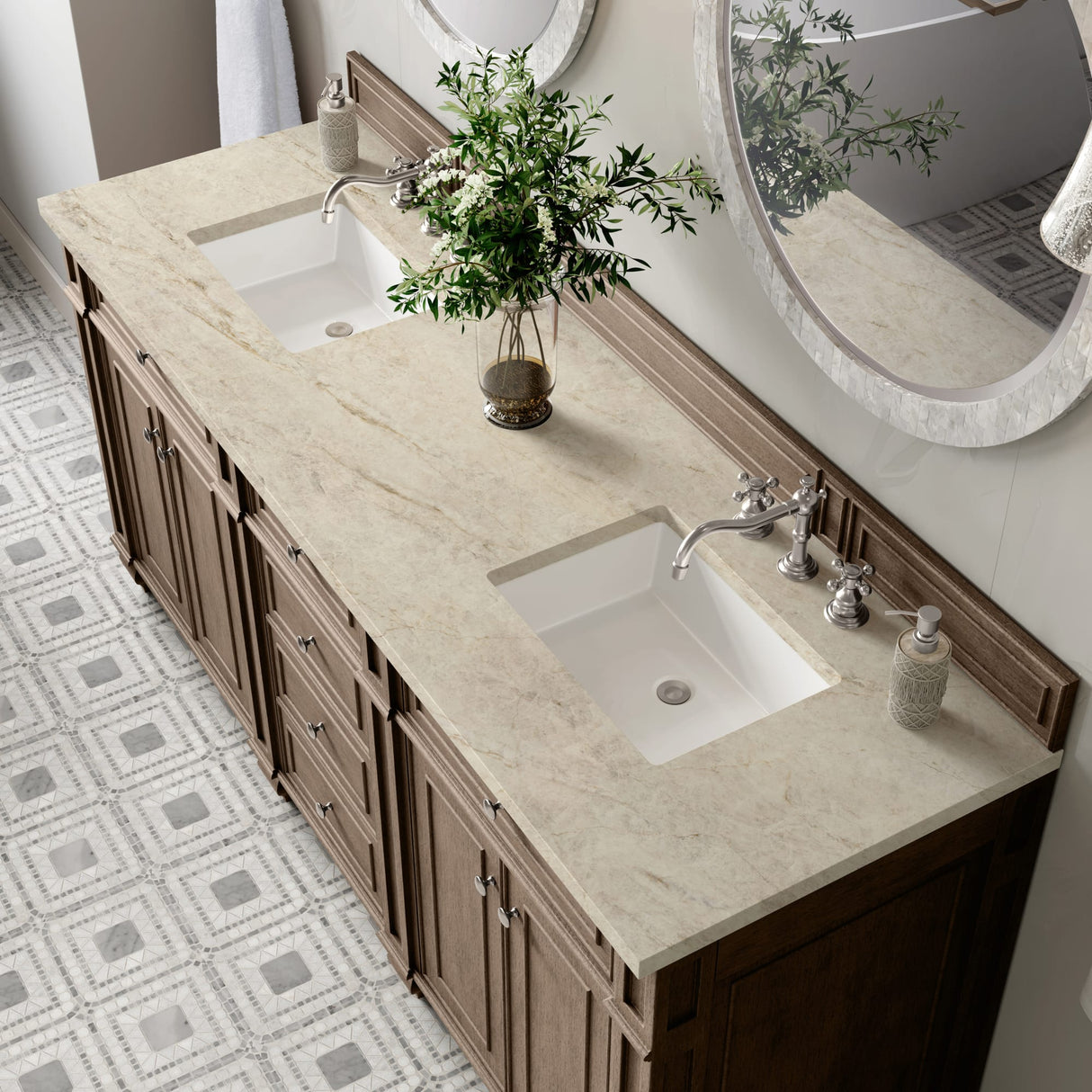 Bristol 72" Double Vanity, Whitewashed Walnut, w/ 3 CM Tajnar Eclos Top
