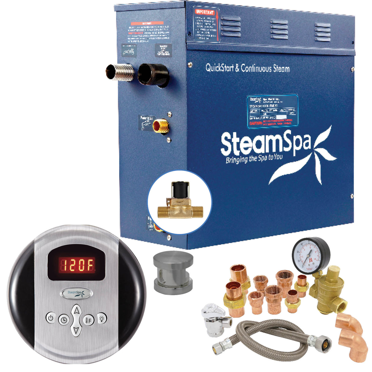 SteamSpa Premium 7.5 KW QuickStart Acu-Steam Bath Generator Package with Built-in Auto Drain in Brushed Nickel PRR750BN-A