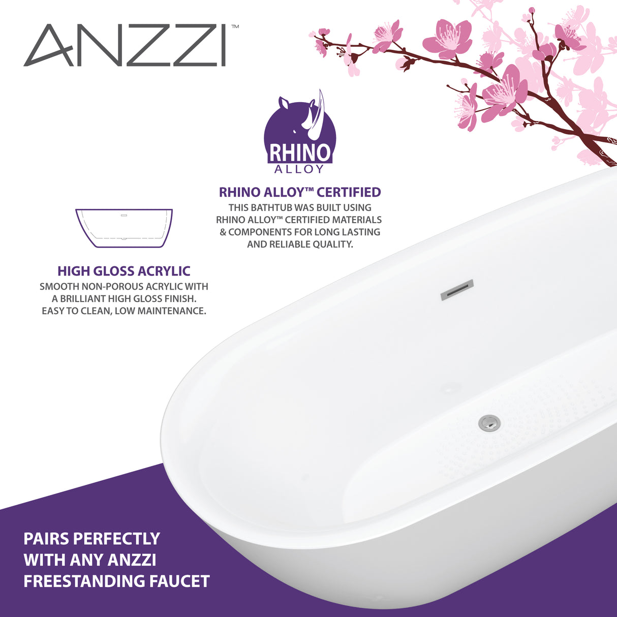 ANZZI FT-AZ411-59 Britt 59 in. Acrylic Flatbottom Freestanding Bathtub in White