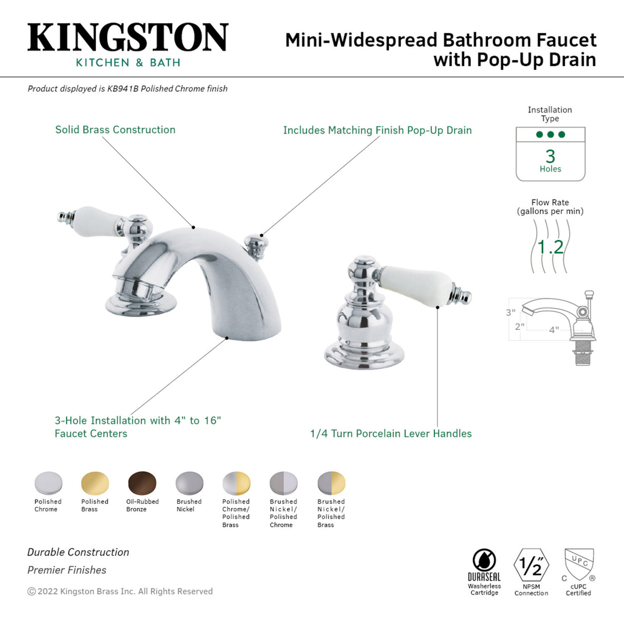 Kingston Brass KB942B Victorian Mini-Widespread Bathroom Faucet, Polished Brass