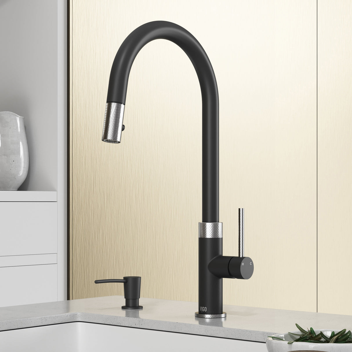 VIGO Bristol Pull-Down Kitchen Faucet with Soap Dispenser in Stainless Steel and Matte Black VG02033STMBK2