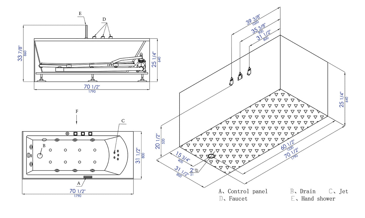 EAGO AM154ETL-L6 6 ft Acrylic White Rectangular Whirlpool Bathtub w Fixtures