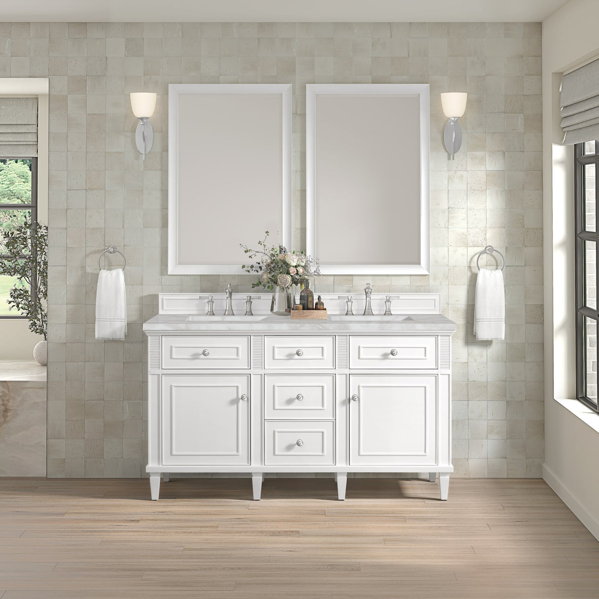 Lorelai 60" Double Vanity, Bright White w/ 3 CM Victorian Silver Silestone Top w/FreePower Wireless Charger