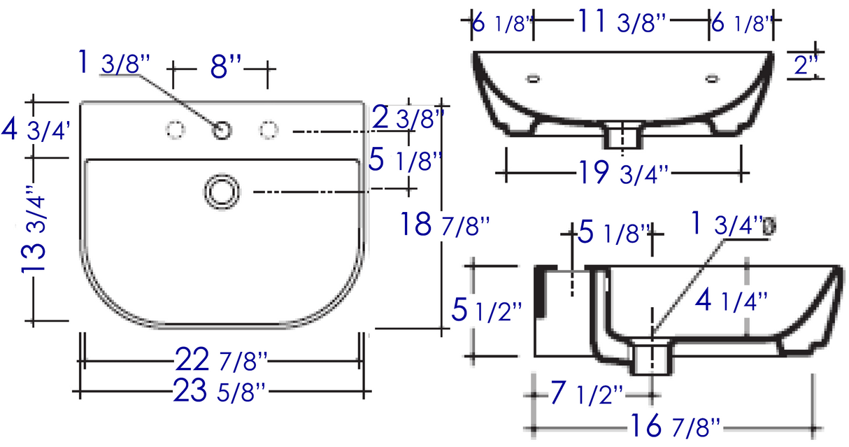 ALFI brand AB111  24" White D-Bowl Porcelain Wall Mounted Bath Sink