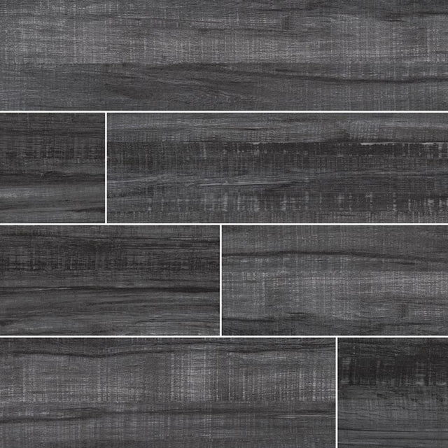 MSI wood collection belmond obsidian 8x40 matte glazed ceramic floor wall tile NBELOBS8X40 product shot multiple tiles angle view