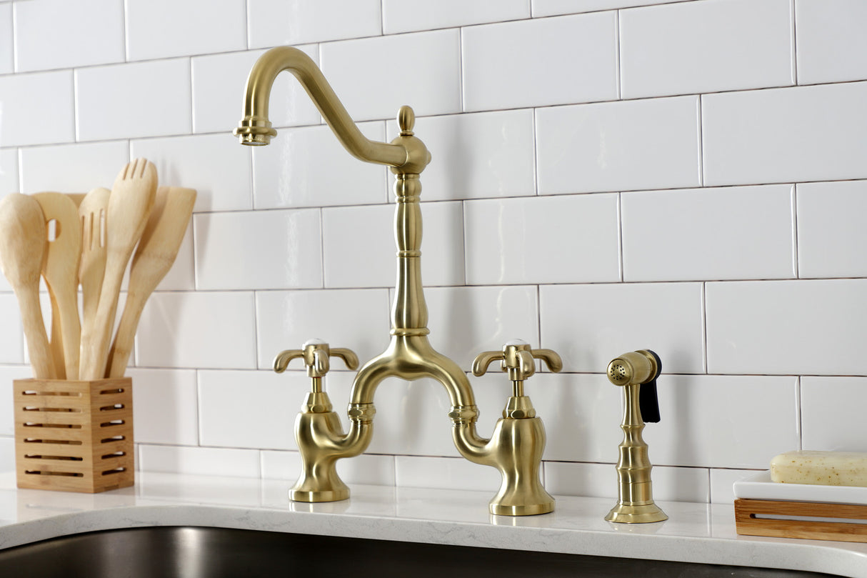 Kingston Brass KS7757TXBS French Country Bridge Kitchen Faucet with Brass Sprayer, Brushed Brass