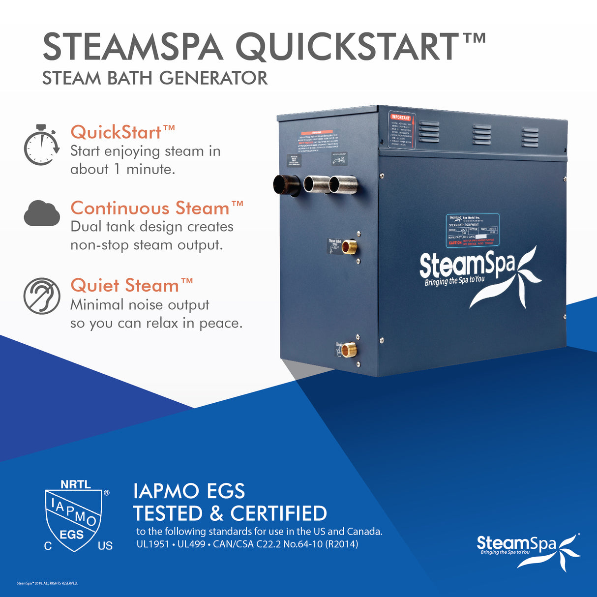 SteamSpa Oasis 10.5 KW QuickStart Acu-Steam Bath Generator Package with Built-in Auto Drain in Brushed Nickel OA1050BN-A