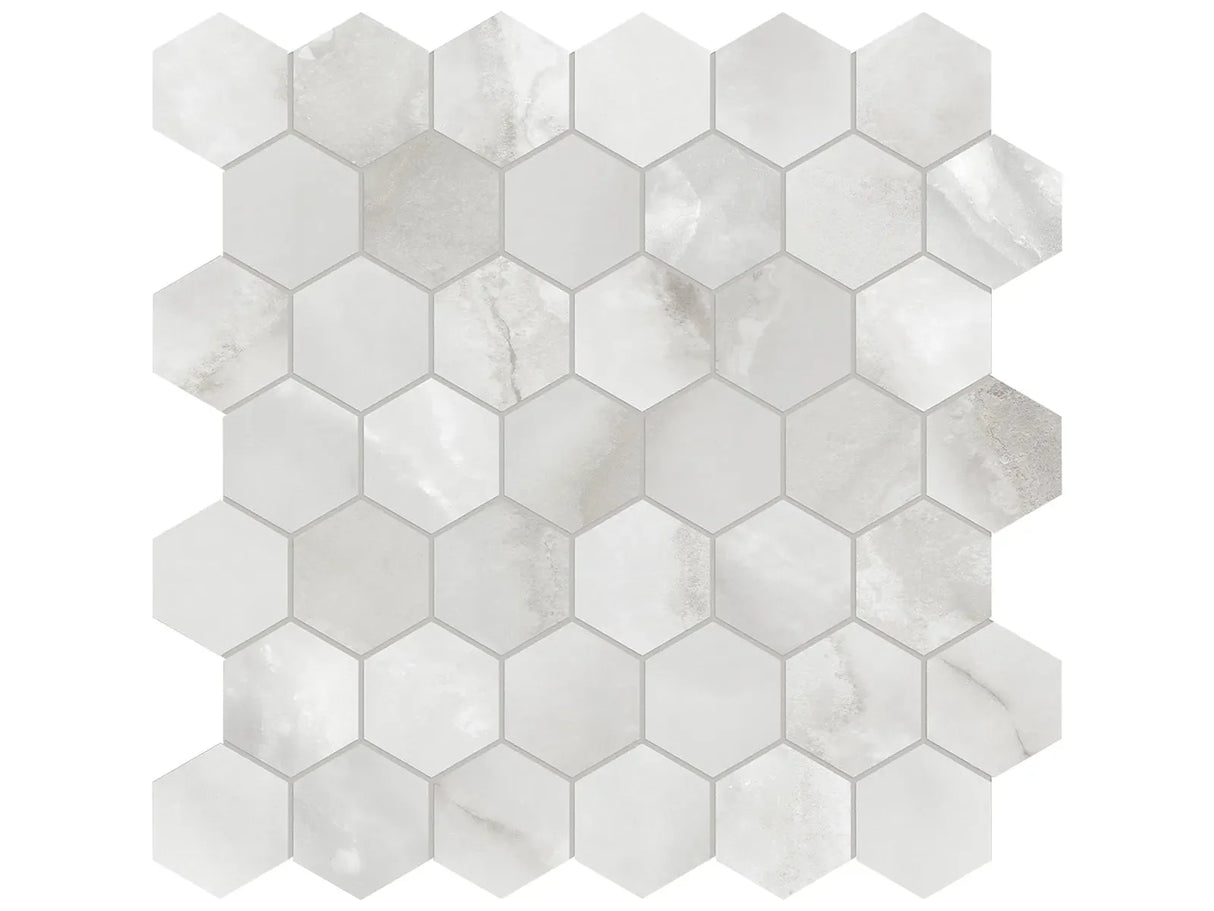 Anatolia Tile La Marca 2 Inch Hexagon Onyx Honed Porcelain Mosaics. 1 Sheet = .96 Sq. Ft. 4501-0354-0 Onyx Nuvolato 2" Hexagon Honed - premium natural stone mosaic tile from Anatolia Tile, available at PoshHaus showroom in Keene, NH