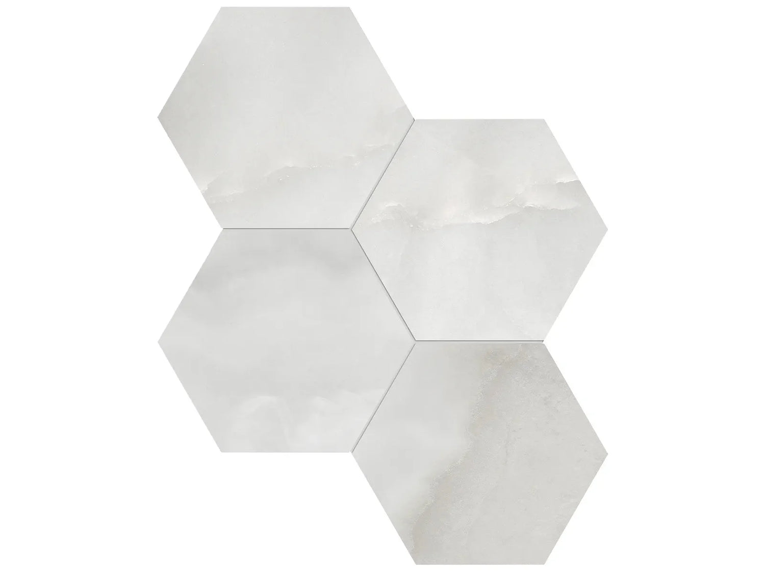 Anatolia Tile 6" Hexagon La Marca Onyx Honed & Rectified Porcelain Mosaic - 1 Sheet = .797 - 4501-0336-0" Onyx Nuvolato 6" Hexagon Honed - premium natural stone mosaic tile from Anatolia Tile, available at PoshHaus showroom in Keene, NH