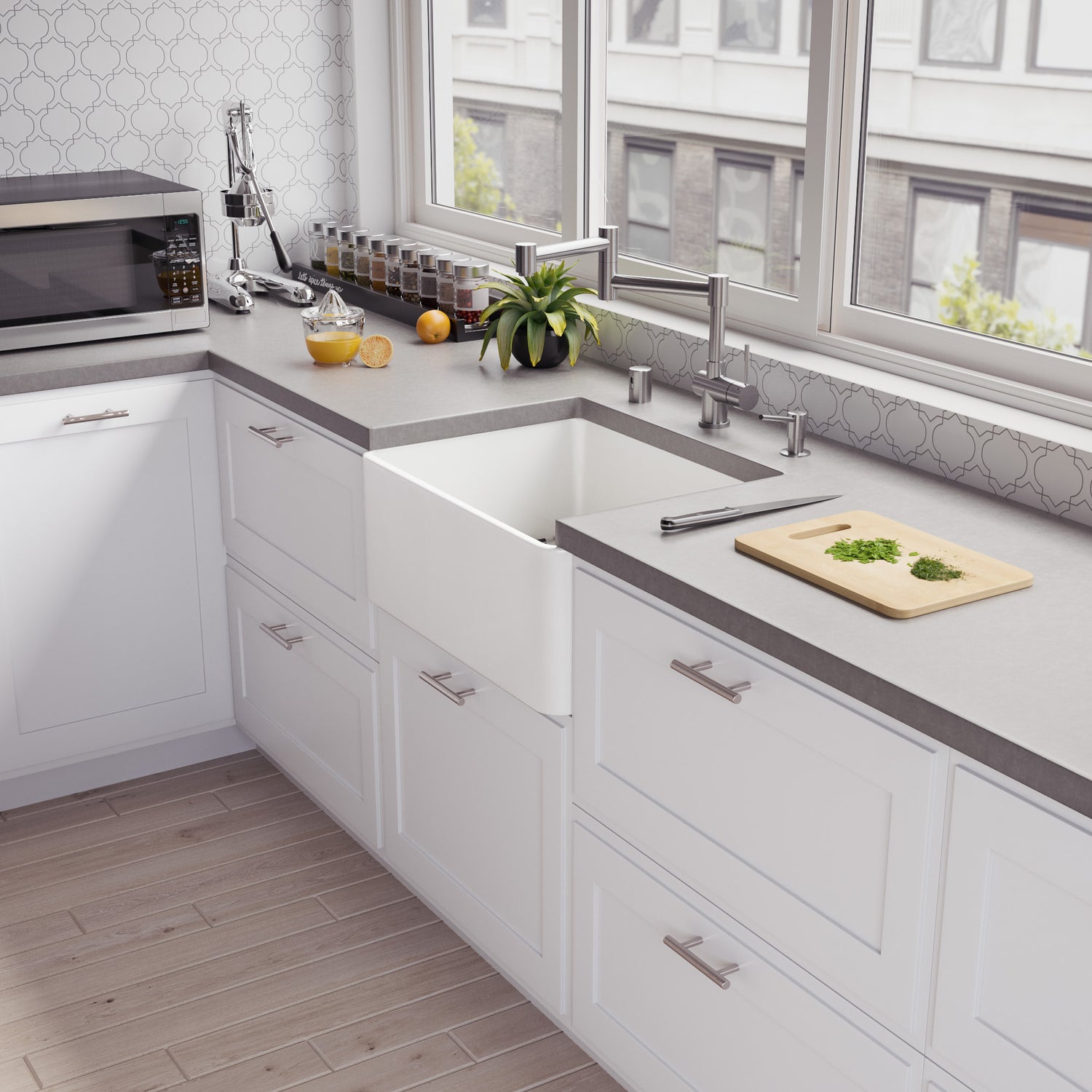 ALFI brand ABF2418 24" White Thin Wall Single Bowl Smooth Apron Fireclay Kitchen Farm Sink