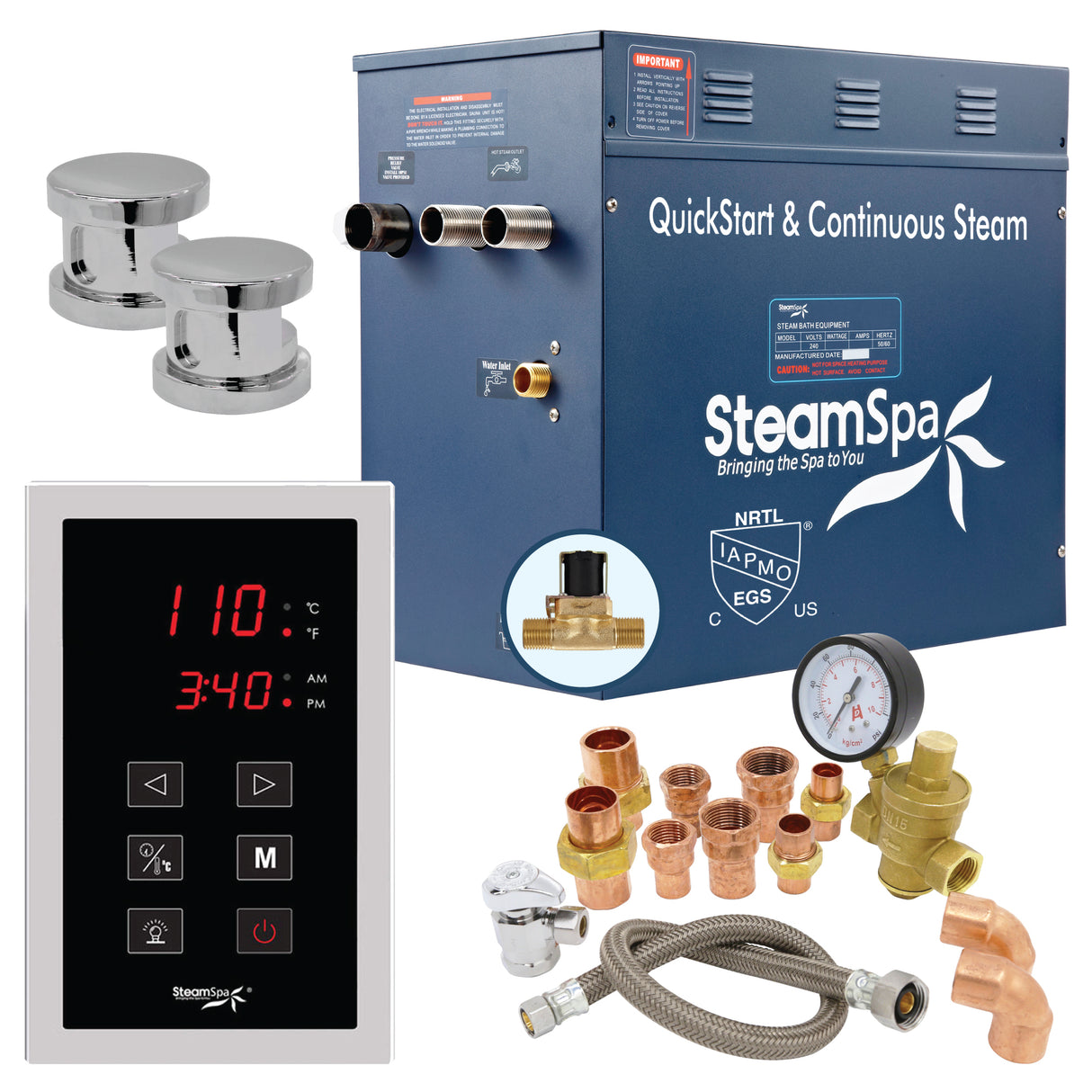 SteamSpa Premium 12 KW QuickStart Acu-Steam Bath Generator Package with Built-in Auto Drain in Polished Chrome SS-PRT1200CH-A