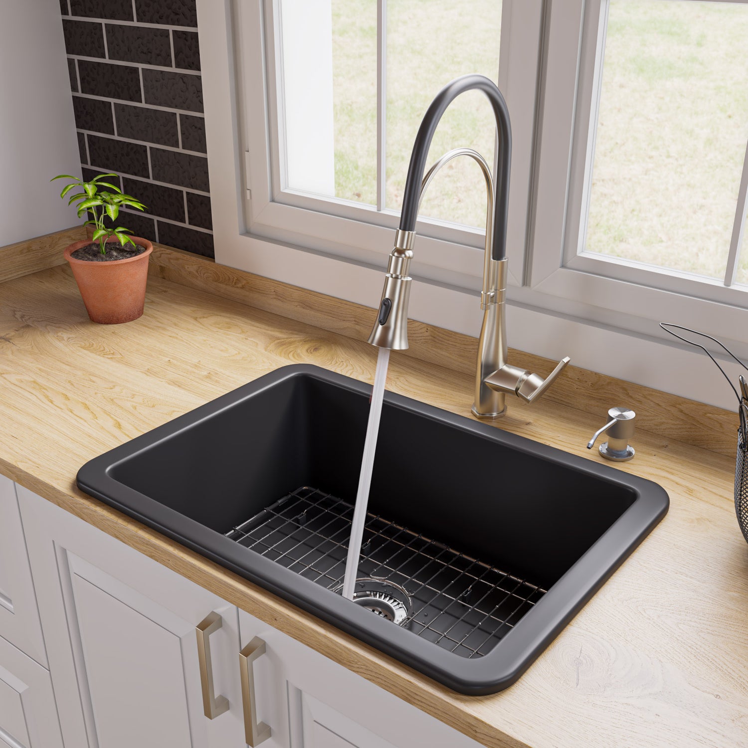 Black Matte 27" x 18" Fireclay Undermount / Drop In Firelcay Kitchen Sink
