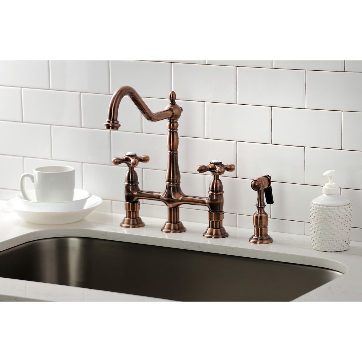 Kingston Brass KS127AXBSAC Heritage Bridge Kitchen Faucet with Brass Sprayer, Antique Copper