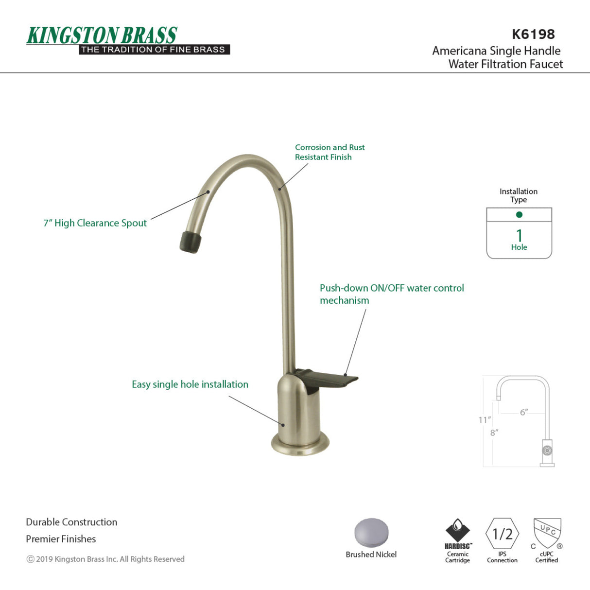 Kingston Brass K6198 Americana Single Handle Water Filtration Faucet, Brushed Nickel