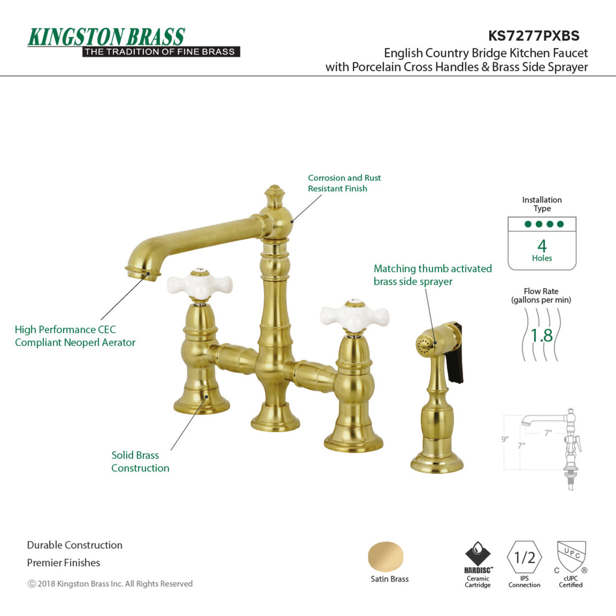 Kingston Brass KS7277PXBS English Country 8" Bridge Kitchen Faucet with Sprayer, Brushed Brass