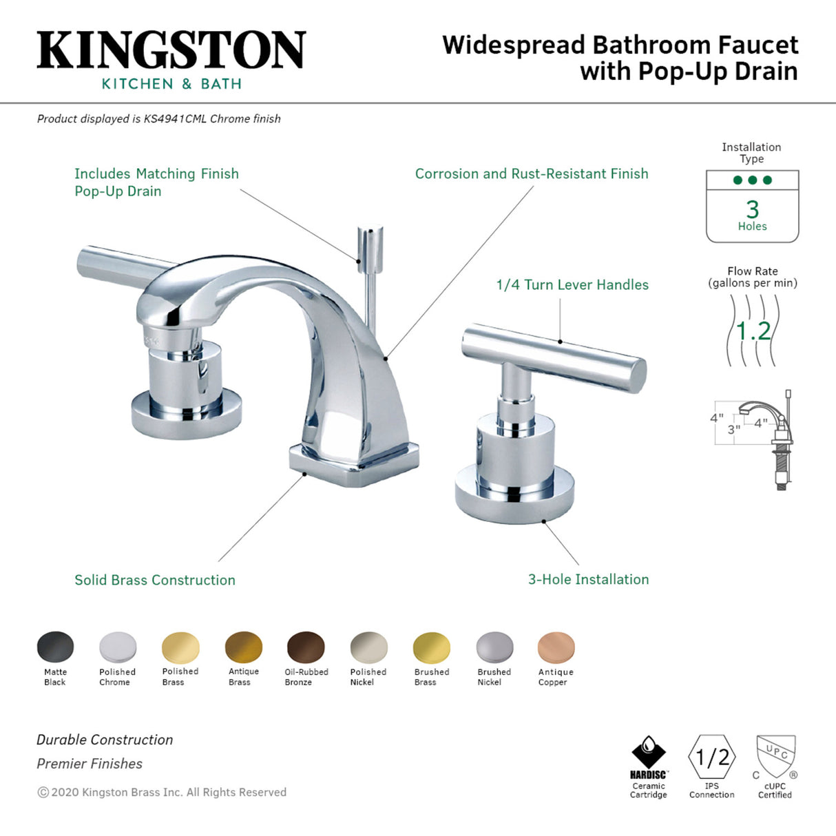 Kingston Brass KS4948CML Manhattan 8 in. Widespread Bathroom Faucet, Brushed Nickel