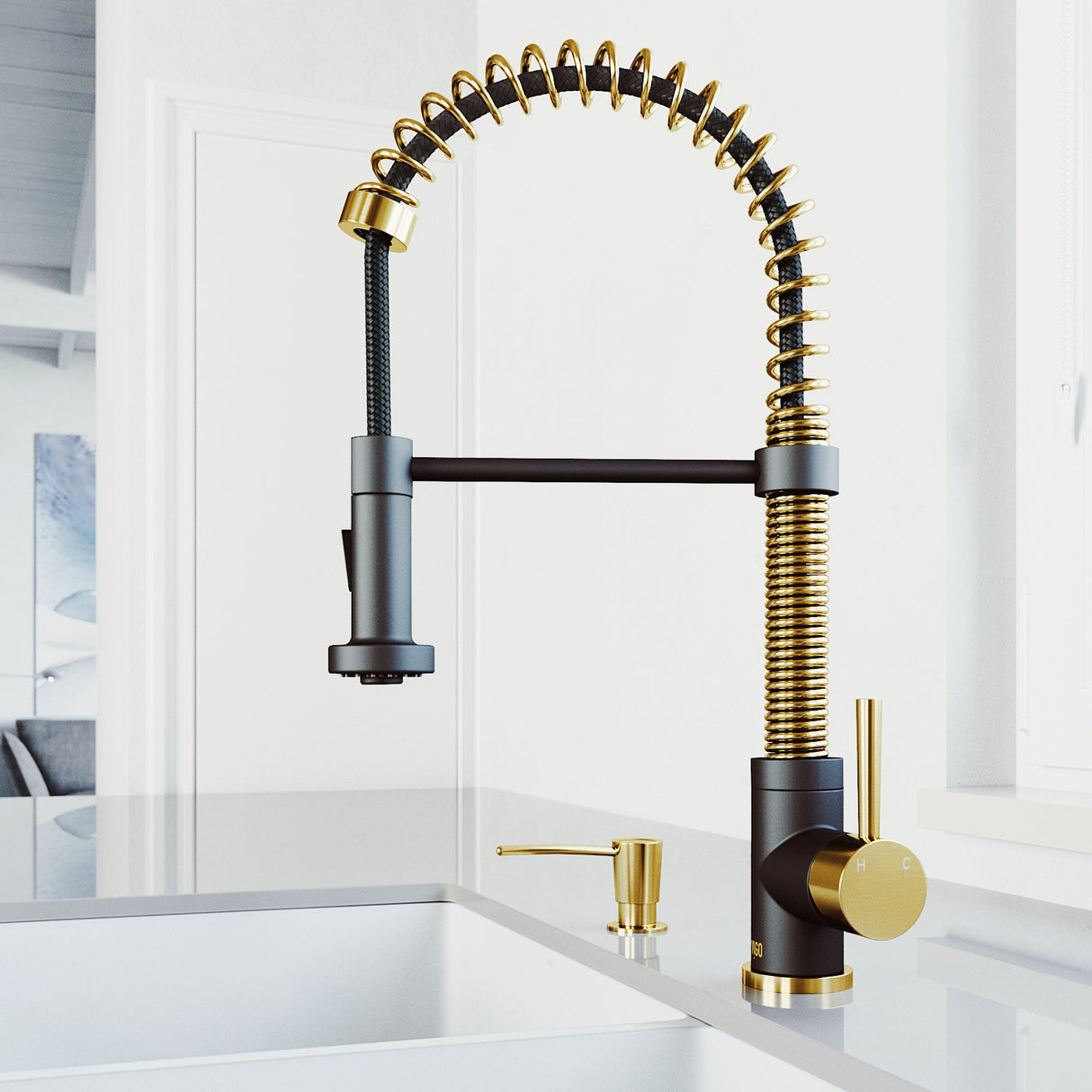 VIGO Edison Pull-Down Spray Kitchen Faucet In Matte Brushed Gold/Matte Black with Soap Dispenser VG02001MGMBK2