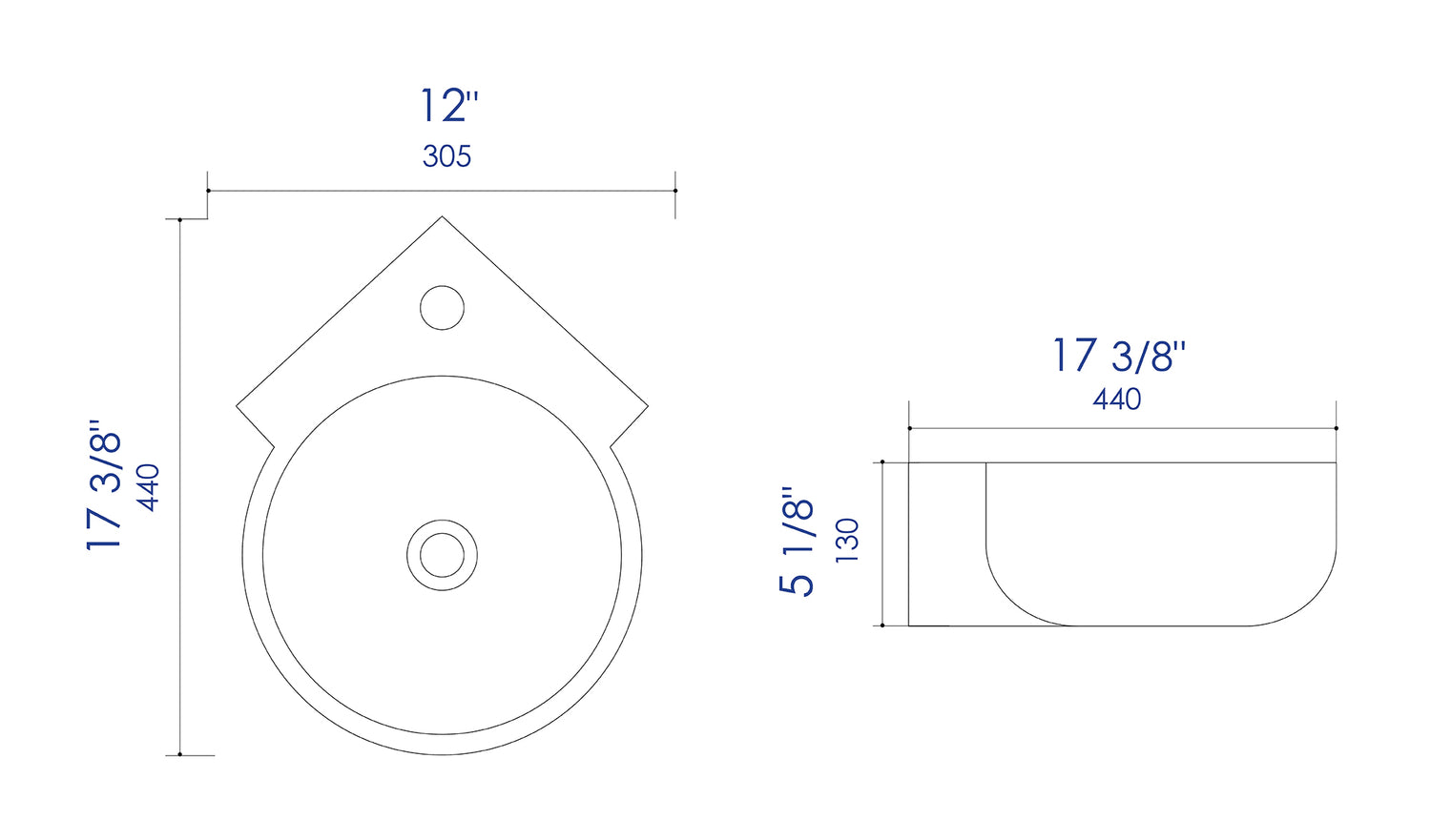ALFI brand ABC121 White 17" Tiny Corner Wall Mounted Ceramic Sink with Faucet Hole