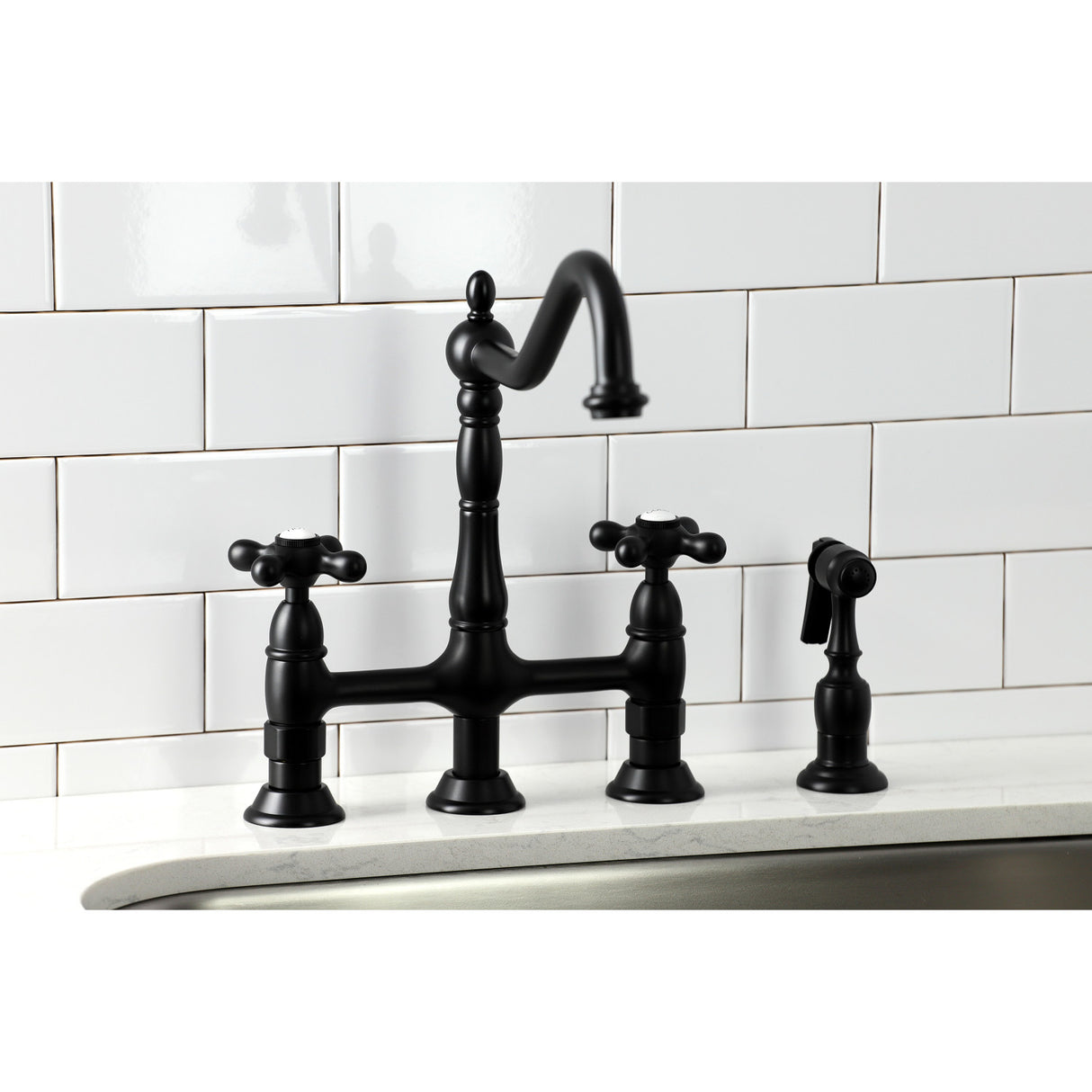 Kingston Brass KS1270AXBS Heritage Bridge Kitchen Faucet with Brass Sprayer, Matte Black