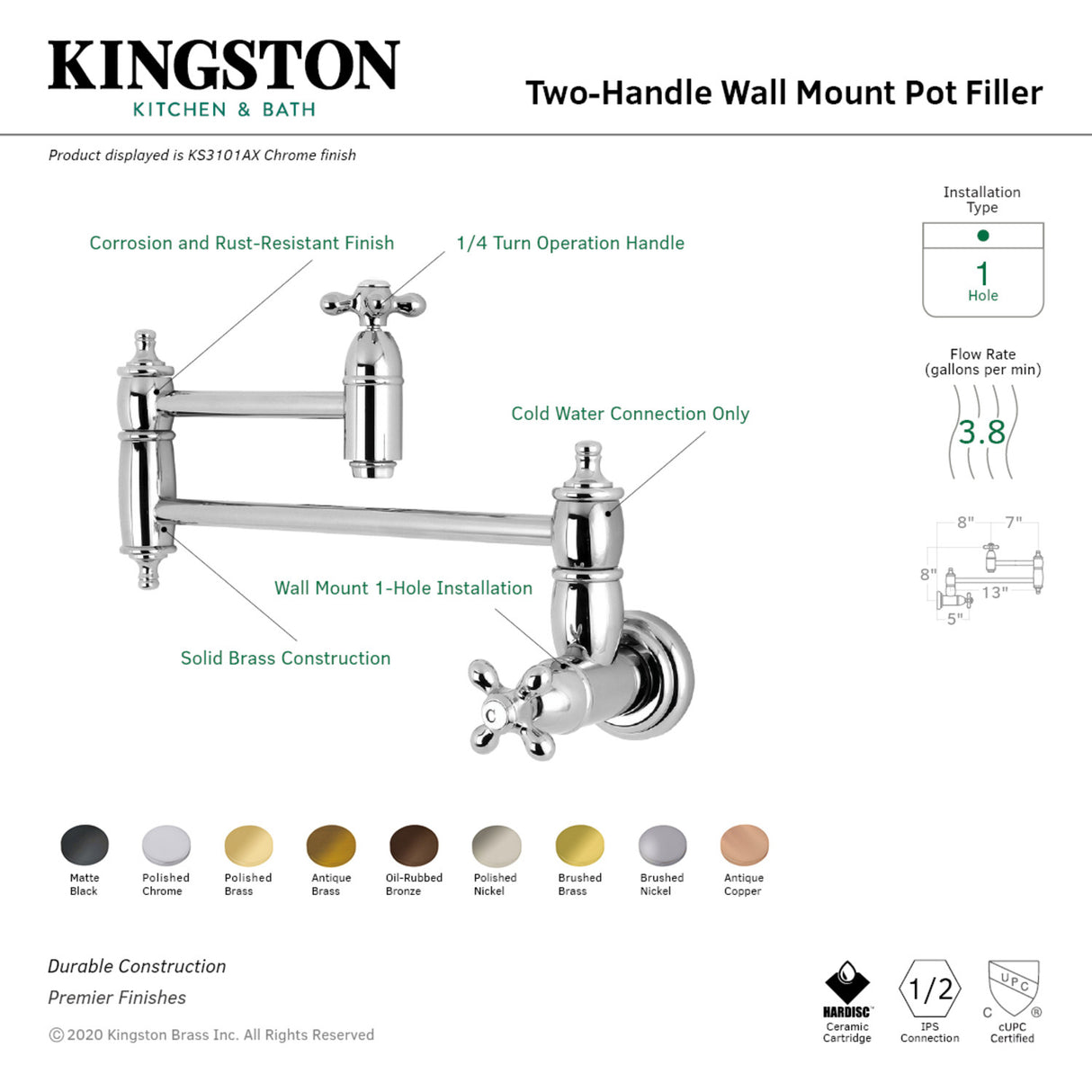 Kingston Brass KS3106AX Restoration Wall Mount Pot Filler Kitchen Faucet, Polished Nickel