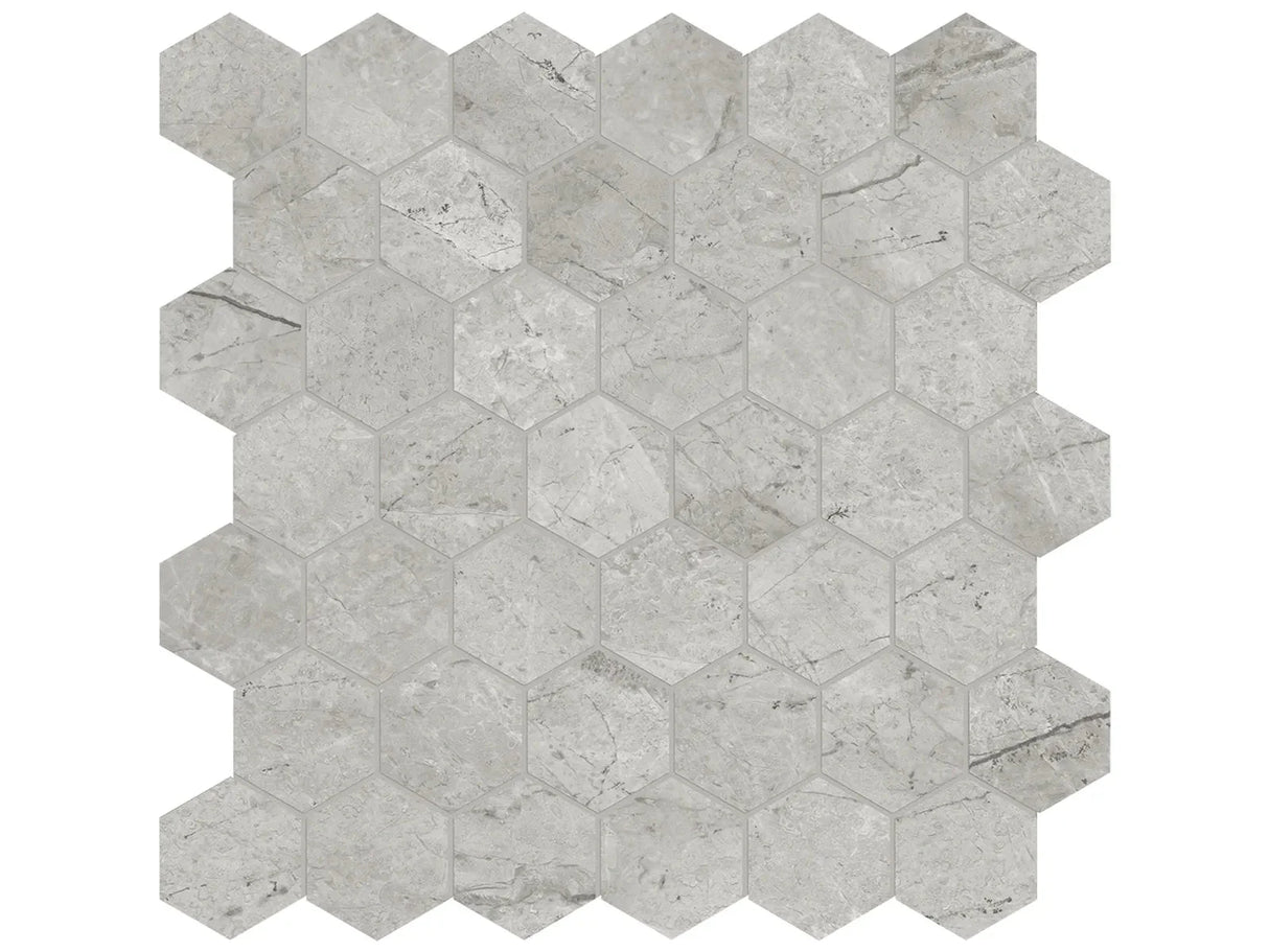 Anatolia Tile La Marca 2 Inch Hexagon Paradiso Polished Porcelain Mosaics. 1 Sheet = .96 Sq. Ft. 4501-0344-0 Paradiso Argento 2" Hexagon Polished - premium natural stone mosaic tile from Anatolia Tile, available at PoshHaus showroom in Keene, NH