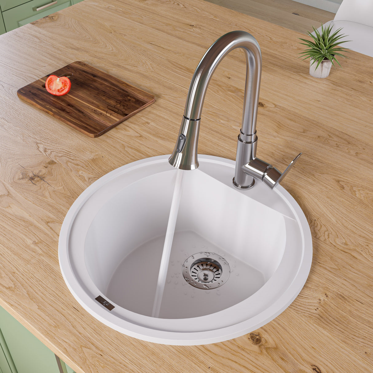 ALFI brand AB2020DI-W White 20" Drop-In Round Granite Composite Kitchen Prep Sink
