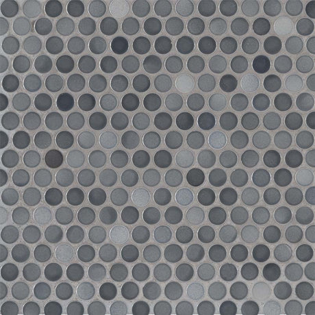 Penny round grigio mix 12.25X12.88 glossy ceramic mesh mounted mosaic tile SMOT-PT-PENRD-GRIMIX product shot multiple tiles angle view