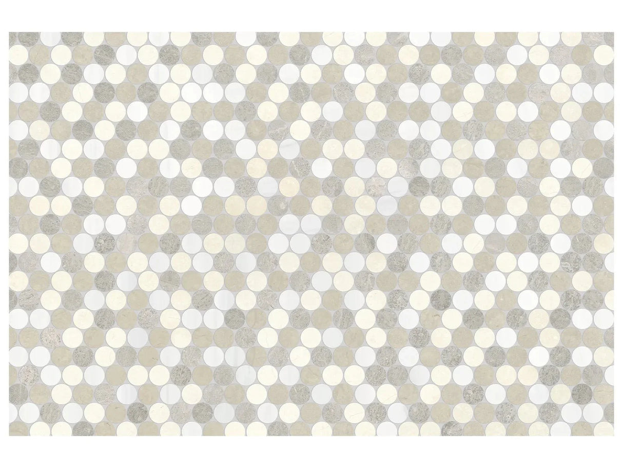 Anatolia Tile Utopio 1.25 In Pennyround Dune Honed Natural Stone Waterjet Mosaic 5001-0425-0 Pennyround Dune - premium natural stone mosaic tile from Anatolia Tile, available at PoshHaus showroom in Keene, NH