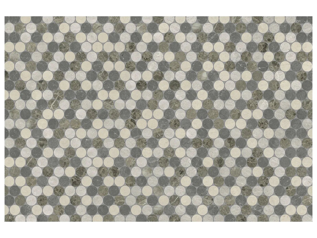 Anatolia Tile Utopio 1.25 In Pennyround Terra Honed + Polished Blend Natural Stone Waterjet Mosaic 5001-0427-0 Pennyround Terra - premium natural stone mosaic tile from Anatolia Tile, available at PoshHaus showroom in Keene, NH