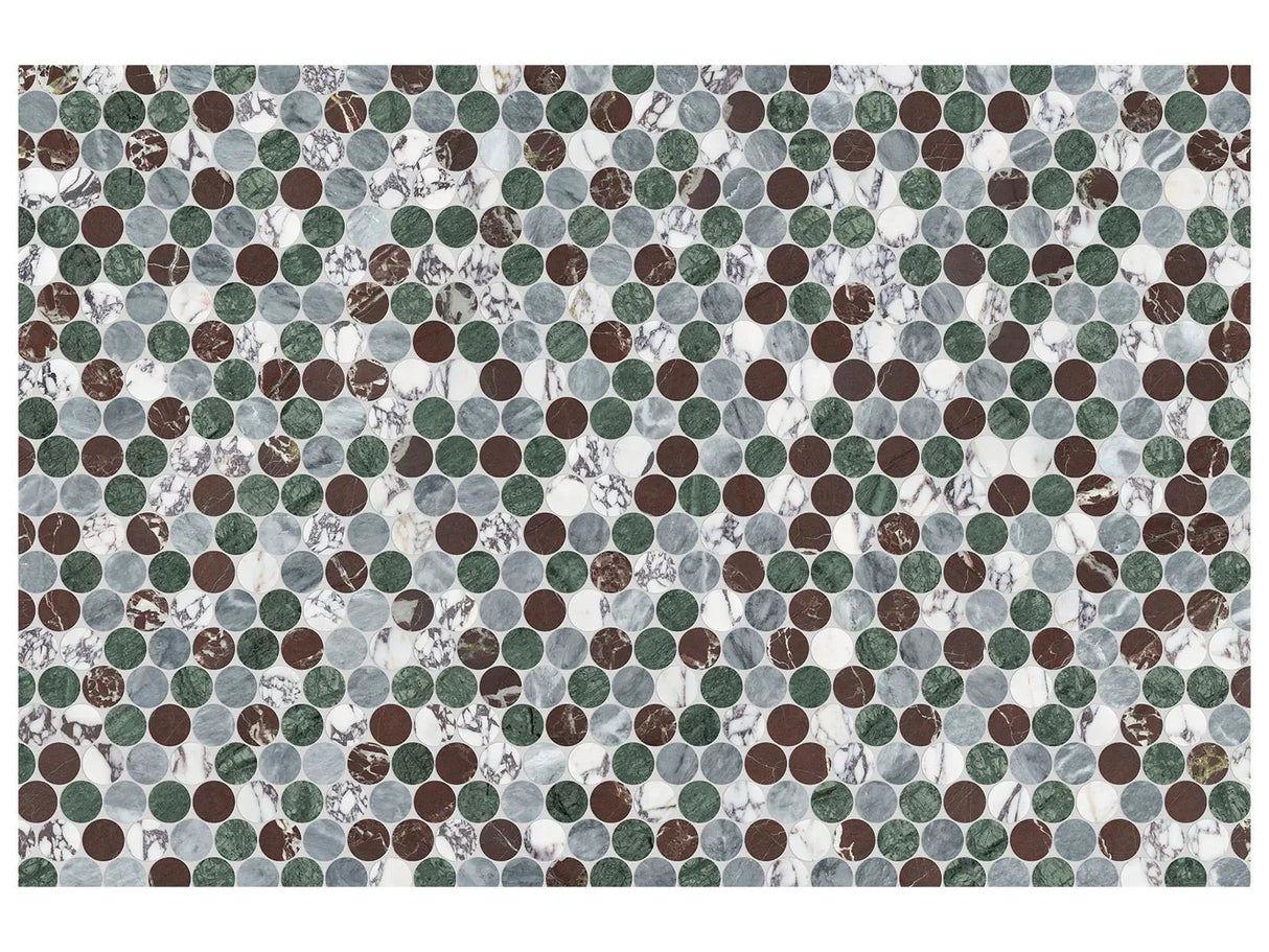 Anatolia Tile Utopio 1.25 In Pennyround Tropic Honed + Polished Blend Natural Stone Waterjet Mosaic 5001-0428-0 Pennyround Tropic - premium natural stone mosaic tile from Anatolia Tile, available at PoshHaus showroom in Keene, NH