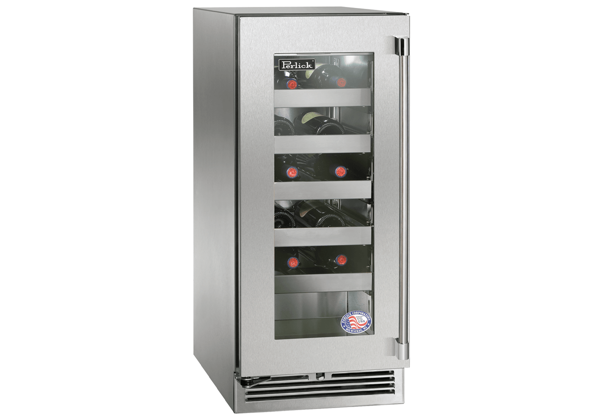Perlick Signature Series 15" Built-In Single Zone Wine Cooler with 20 Bottle Capacity in Stainless Steel with Glass Door, Left Hinge (HP15WS-4-3L) Wine Coolers Perlick