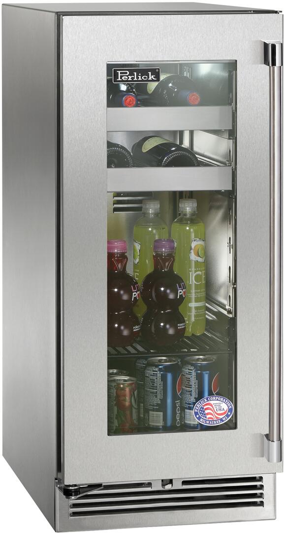 Perlick Signature Series 15" Outdoor 2.8 cu. ft. Capacity Built-In Glass Door Beverage Center with 2.8 cu. ft. Capacity in Stainless Steel (HP15BO-4-3L) Beverage Centers Perlick