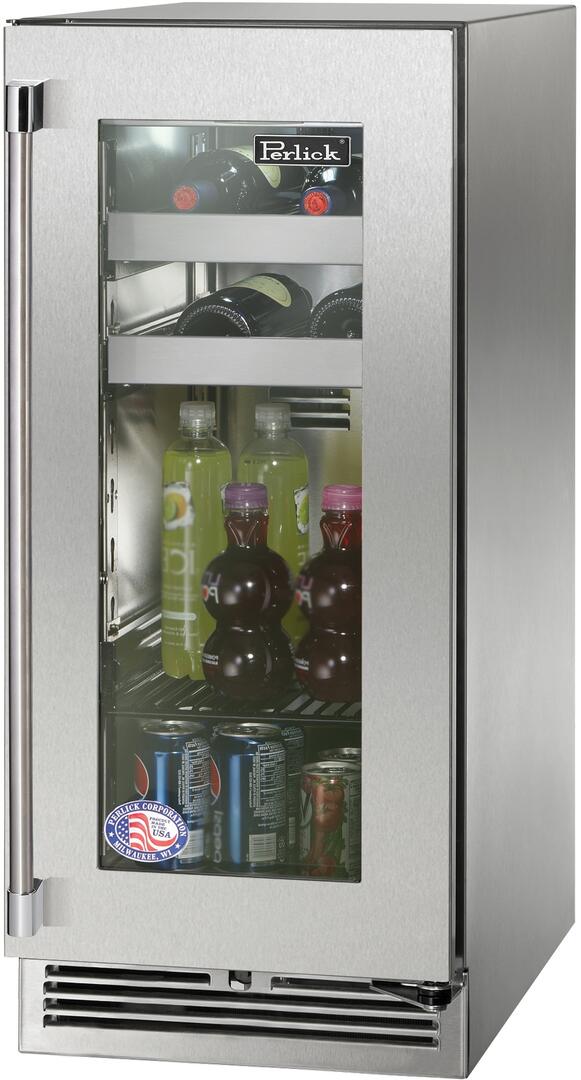 Perlick Signature Series 15" Outdoor 2.8 cu. ft. Capacity Built-In Glass Door Beverage Center with 2.8 cu. ft. Capacity in Stainless Steel with Glass Door (HP15BO-4-3L & HP15BO-4-3R) Beverage Centers Perlick No Right