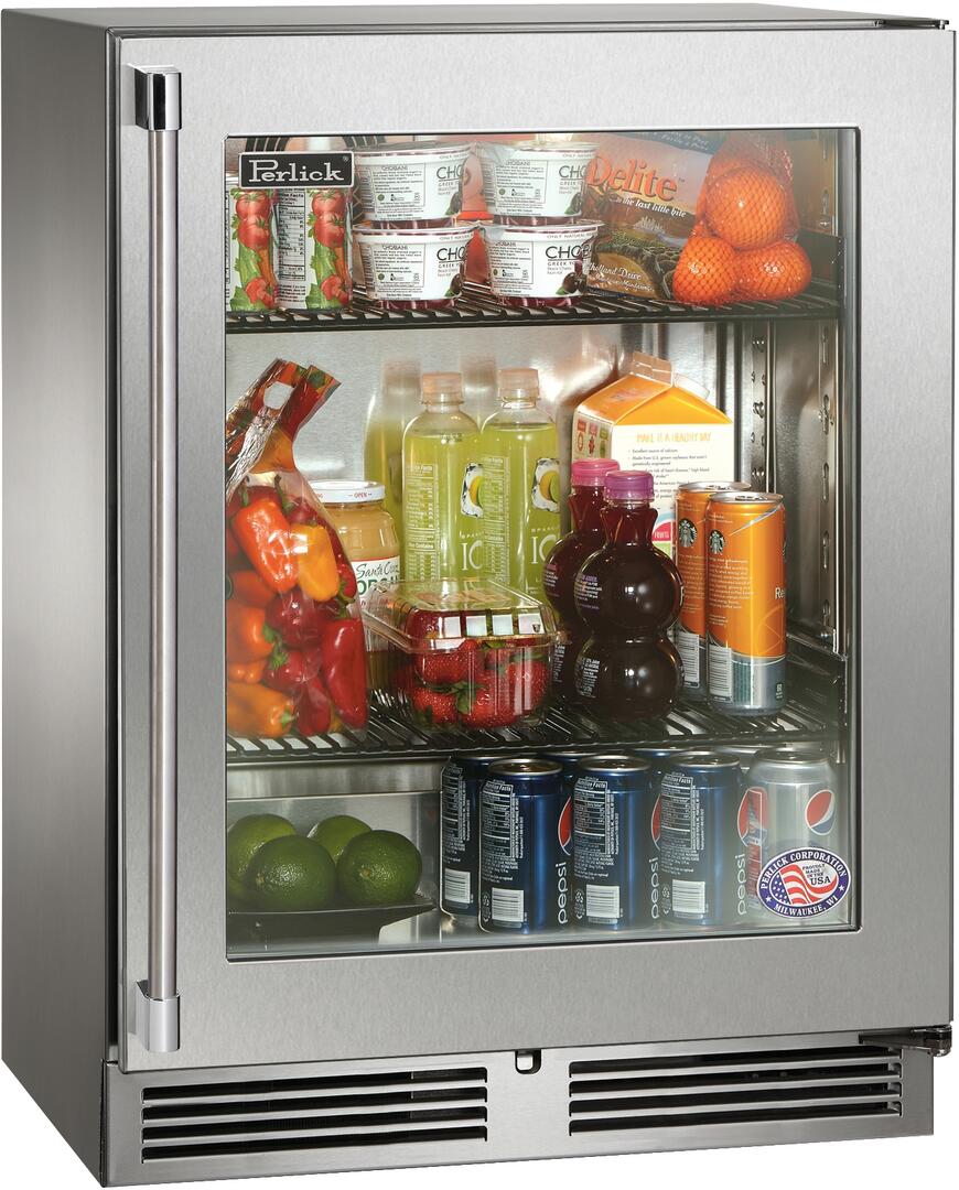 Perlick Signature Series 24" Built-In Counter Depth Compact Refrigerator with 3.1 cu. ft. Capacity in Stainless Steel with Glass Door (HH24RS-4-3L & HH24RS-4-3R) Refrigerators Perlick