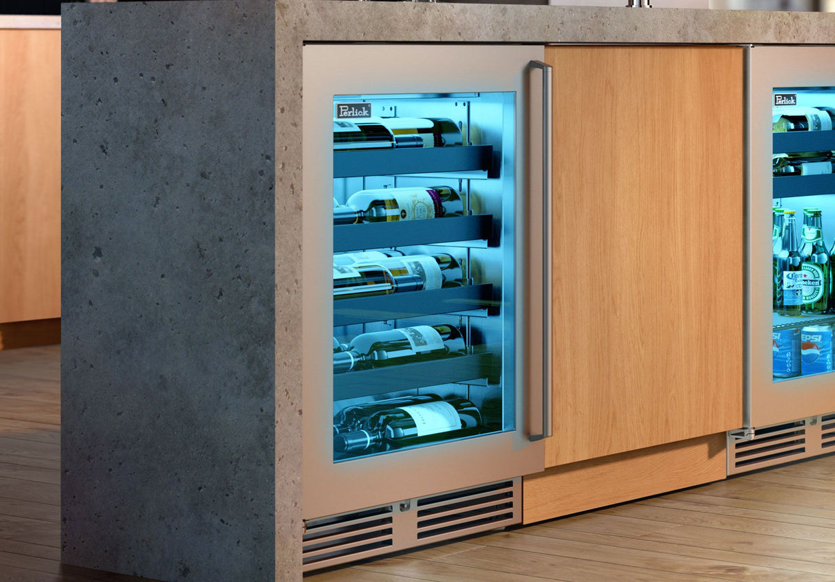 Perlick Signature Series 24-Inch Built-In Single Zone Wine Cooler with 20 Bottle Capacity in Stainless Steel with Glass Door (HH24WS-4-3L & HH24WS-4-3R)