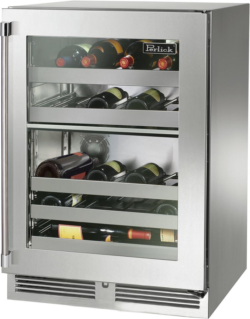 Perlick Signature Series 24" Outdoor Built-In Dual Zone Wine Cooler with 32 Bottle Capacity in Stainless Steel with Glass Door (HP24DO-4-3L & HP24DO-4-3R) Wine Coolers Perlick No Right
