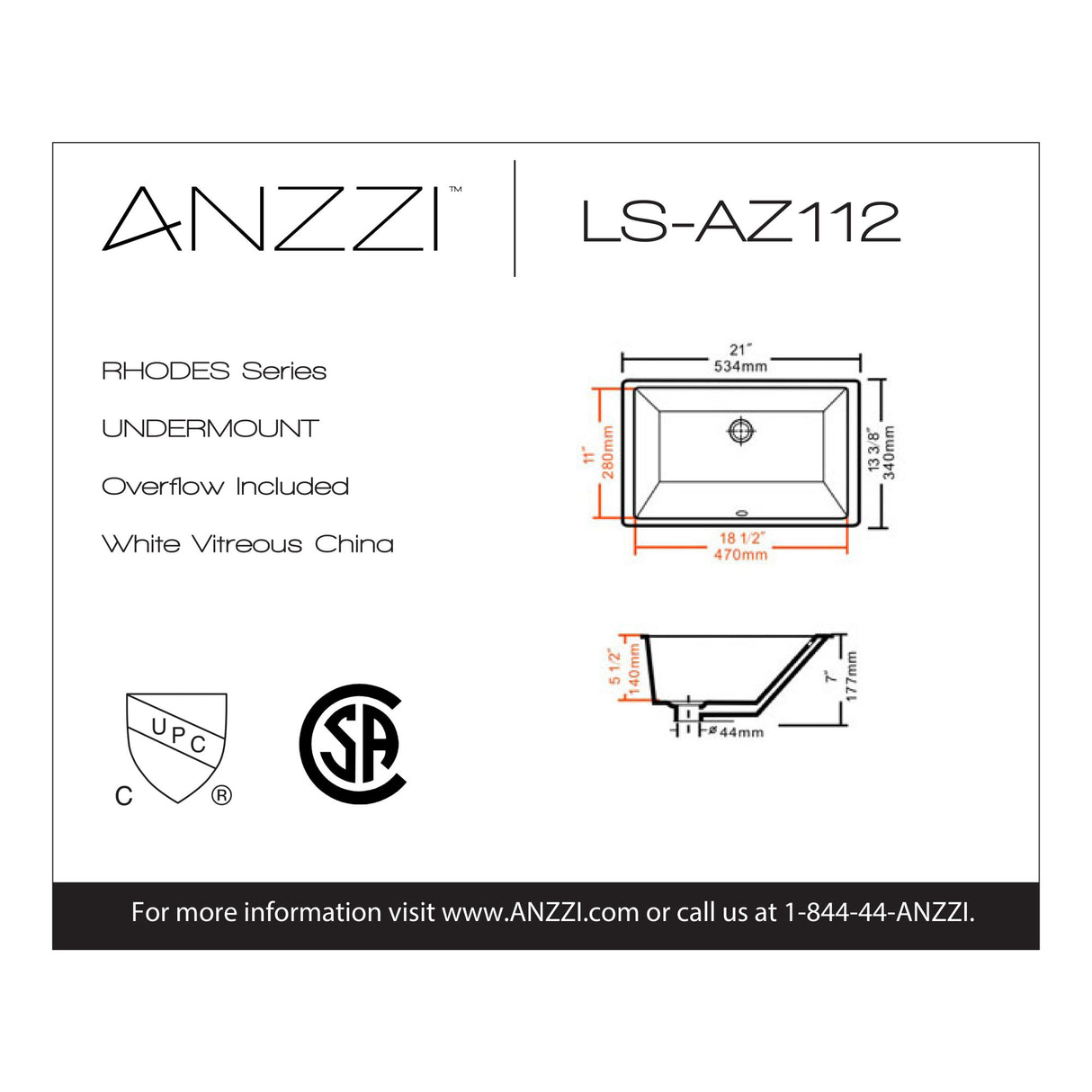 ANZZI LS-AZ112-R Series 21 in. Ceramic Undermount Sink Basin in White
