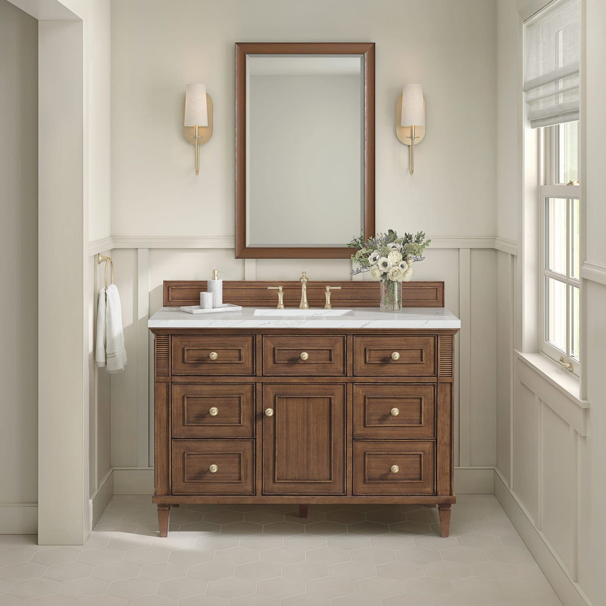 Lorelai 48" Single Vanity, Mid-Century Walnut w/ 3 CM Ethereal Noctis Silestone Top w/FreePower Wireless Charger