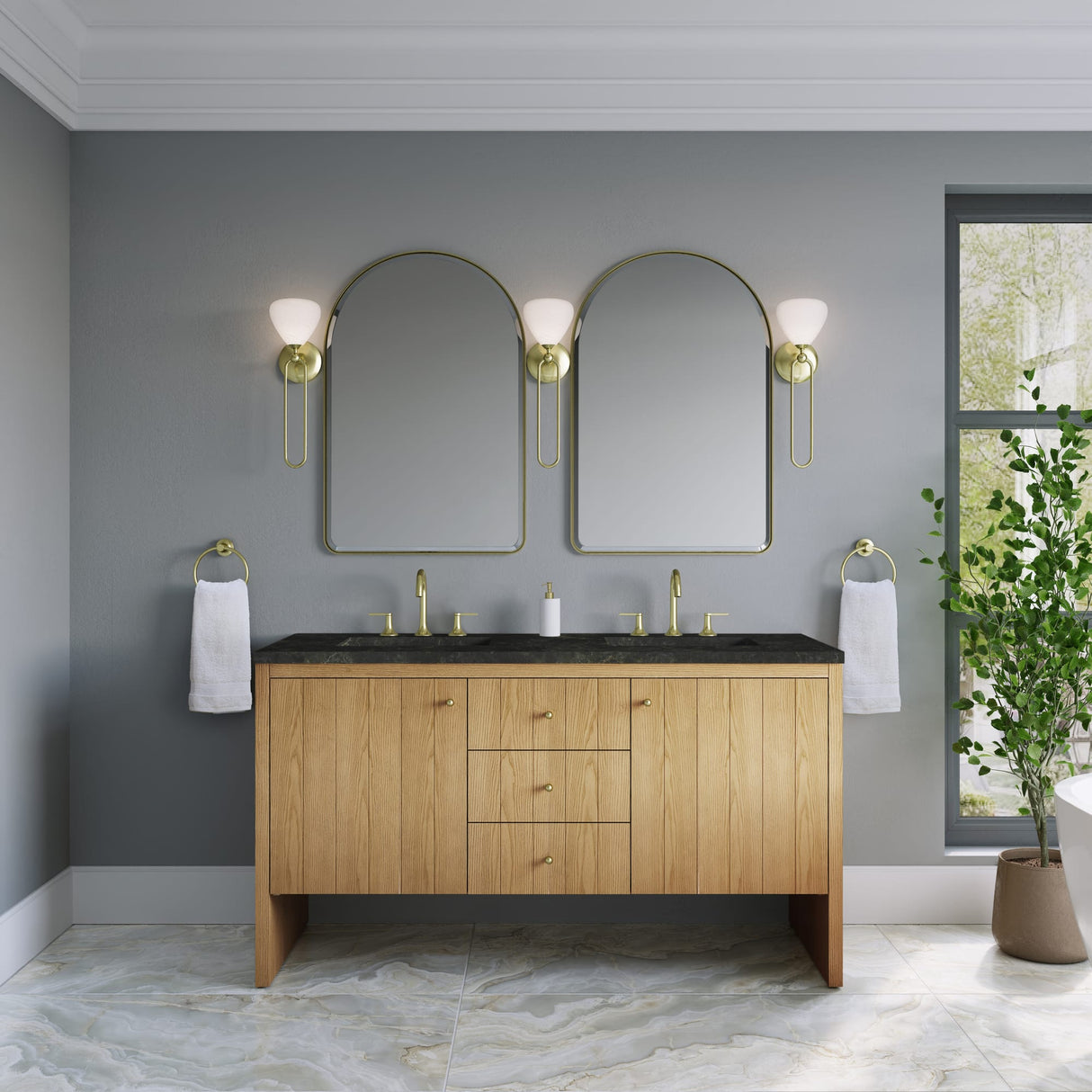 Hudson 60" Double Vanity, Light Natural Oak, w/ 3 CM Phantome Eclos Top