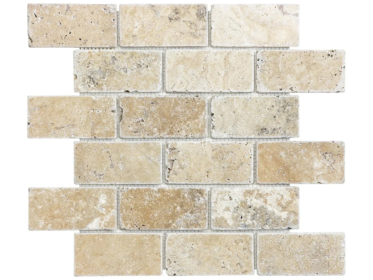 Anatolia Tile 2X4 Picasso Tumbled Travertine Natural Stone Brick Mosaics 1 Sheet = 1 Sq. Ft. 5001-0108-0 (76-125) Picasso 2x4 Brick - premium natural stone mosaic tile from Anatolia Tile, available at PoshHaus showroom in Keene, NH