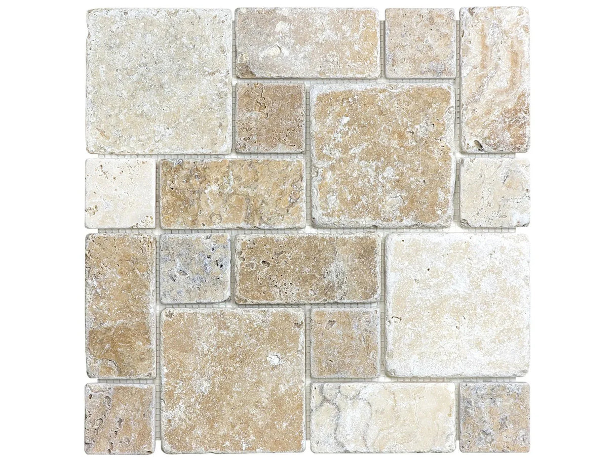 Anatolia Tile Picasso Roman Pattern Tumbled Travertine Natural Stone Mosaics. 1 Sheet = 1 Sq. Ft. 5001-0113-0 (76-154) Picasso Roman Pattern - premium natural stone mosaic tile from Anatolia Tile, available at PoshHaus showroom in Keene, NH