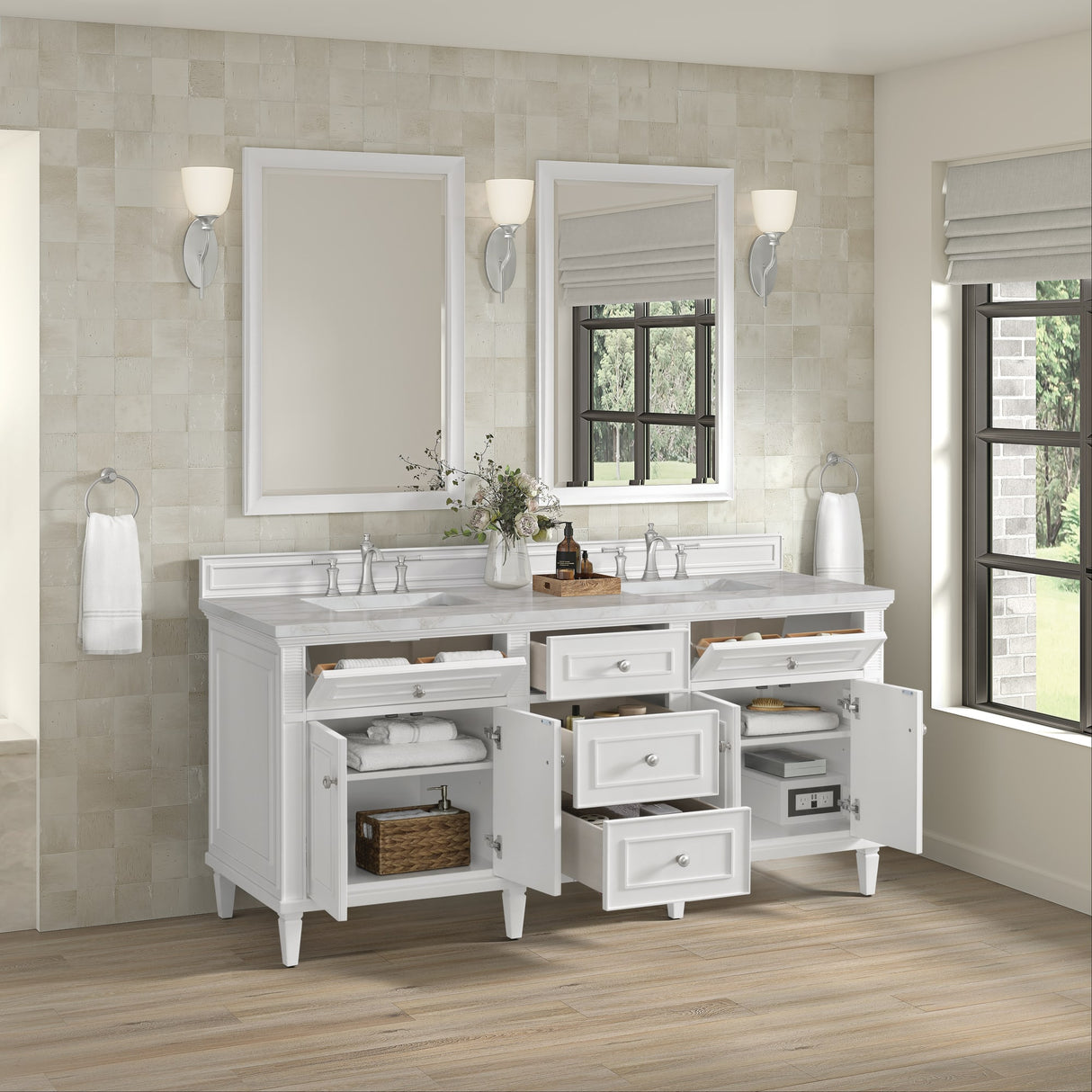 Lorelai 72" Double Vanity, Bright White w/ 3 CM Victorian Silver Silestone Top