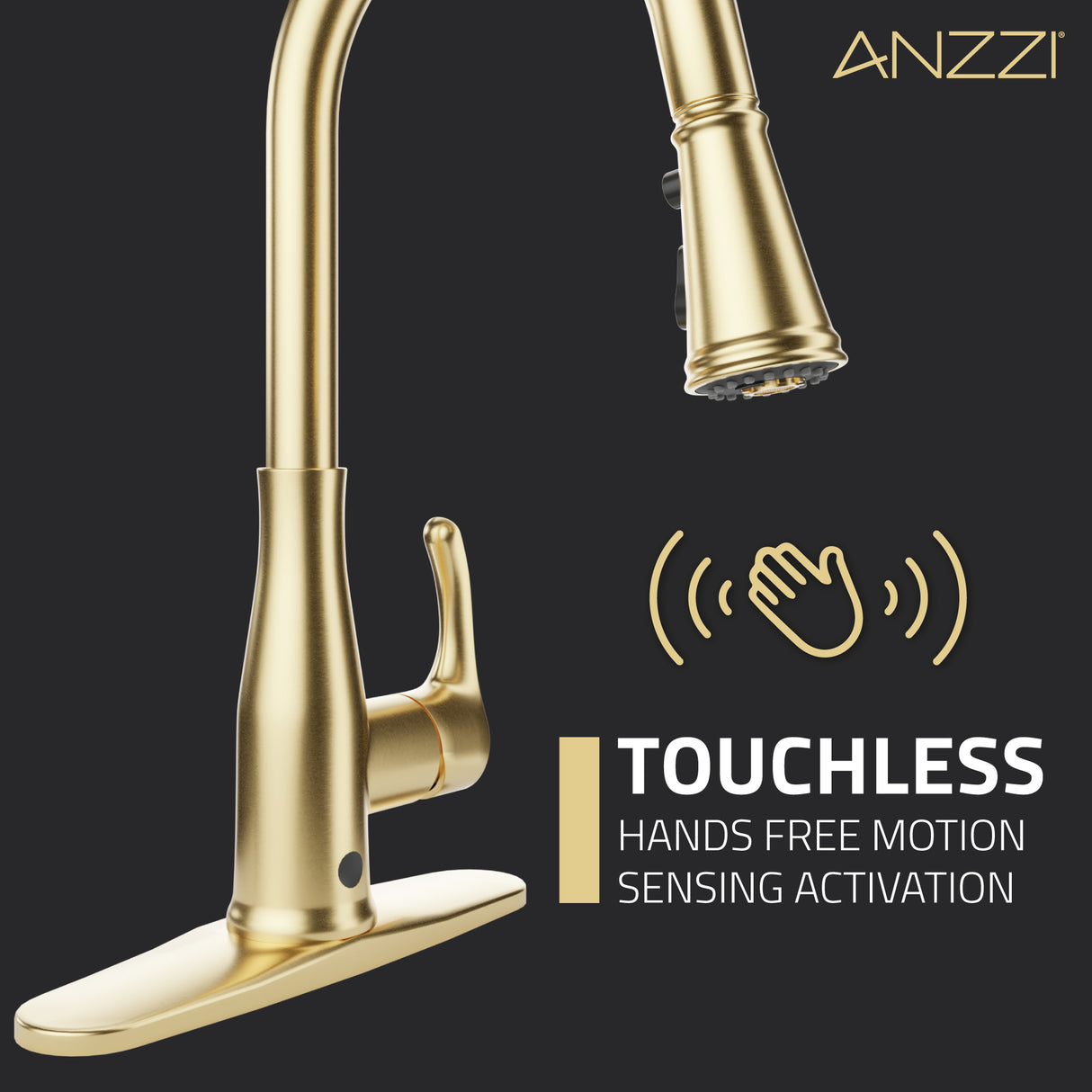 ANZZI KF-AZ301BG Sifo Hands Free Touchless 1-Handle Pull-Down Sprayer Kitchen Faucet with Motion Sense and Fan Sprayer in Brushed Gold