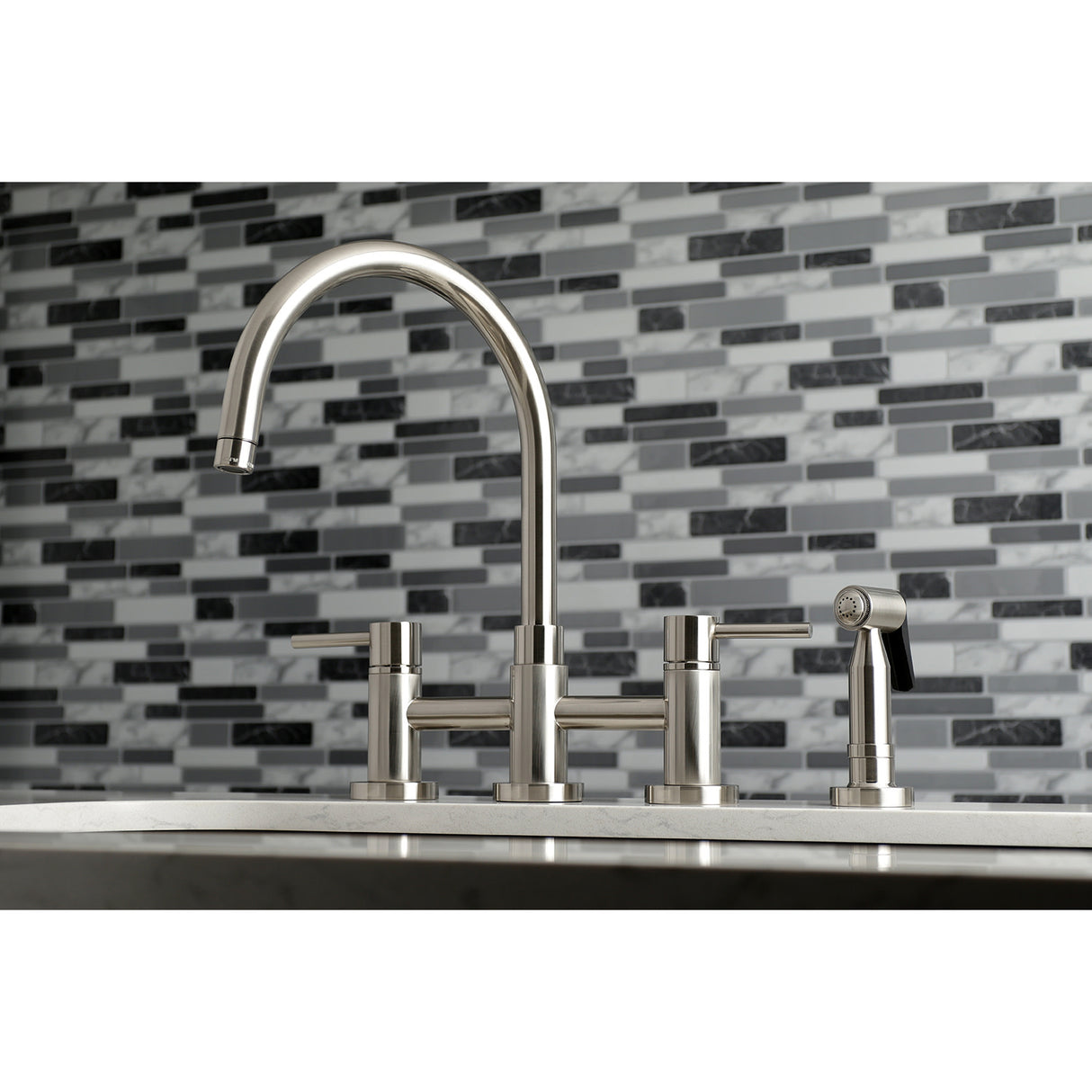 Kingston Brass KS8278DLBS Concord Bridge Kitchen Faucet with Brass Sprayer, Brushed Nickel